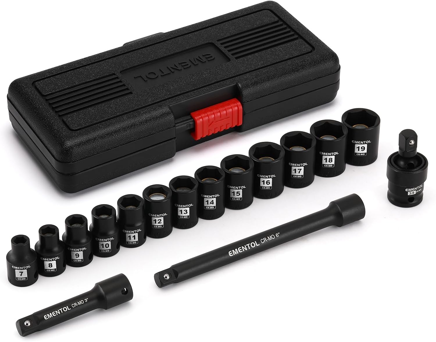 EMENTOL 3/8 Inch Drive Magnetic Impact Socket Set, 16-Piece Metric, 7-19mm, 6 Point, Cr-Mo,Magnetic Sockets with Universal Joint & Extension Bar