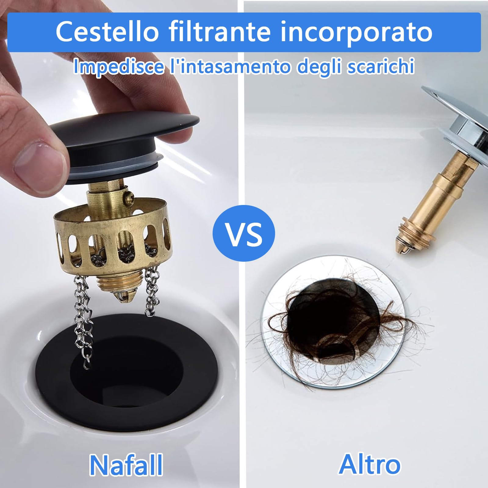 Nafall Piletta Lavabo Bagno - Piletta Per Lavabo Con Troppopieno, Ottone Piletta Click Clack Con Cestello Di Raccolta (Misura Standard G1 1/4", Nero)