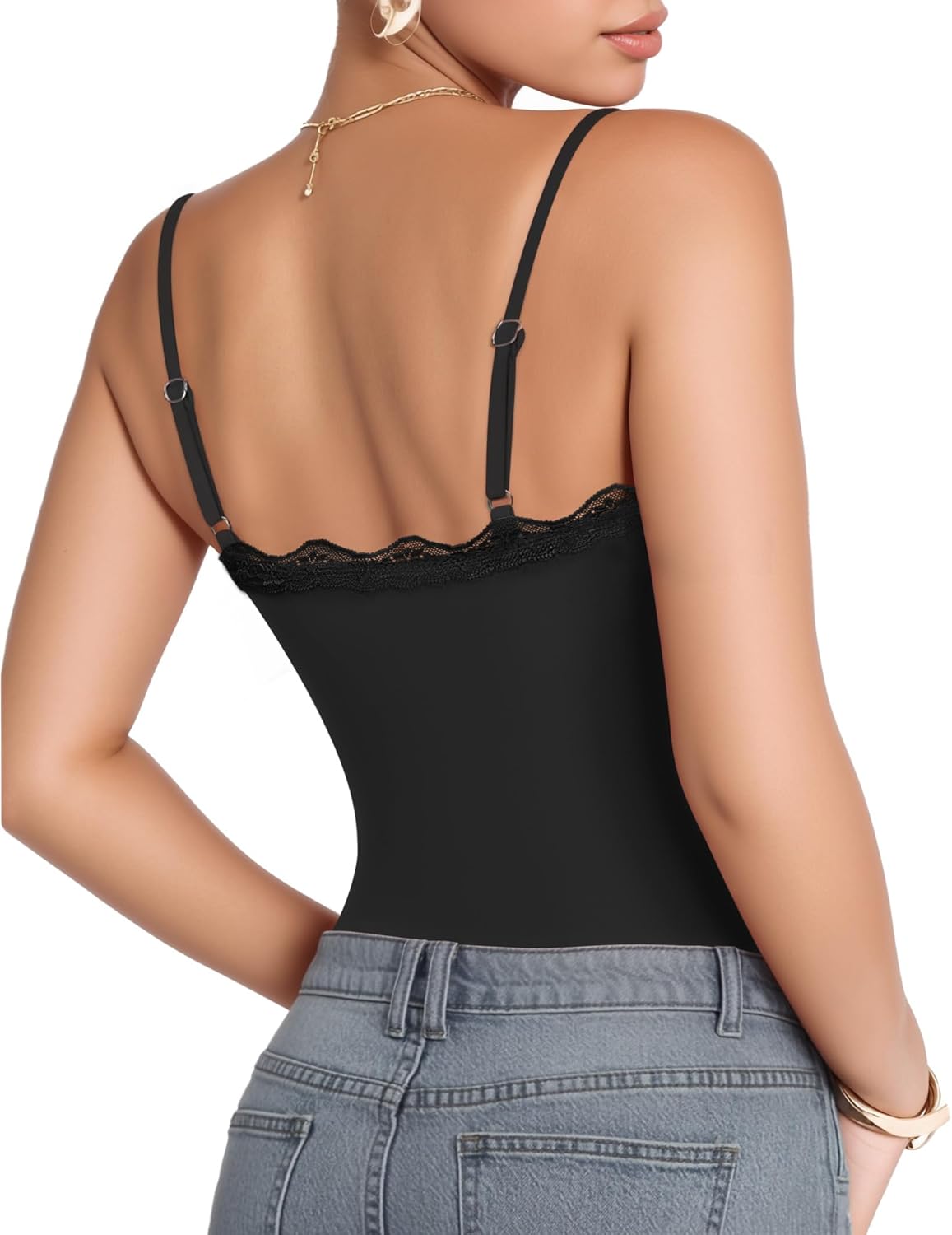 MANGOPOP Women's Cami Thong Bodysuit Double Lined Square Neck Backless Body Suit Adjustable Spaghetti Strap Tank Tops - Image 4