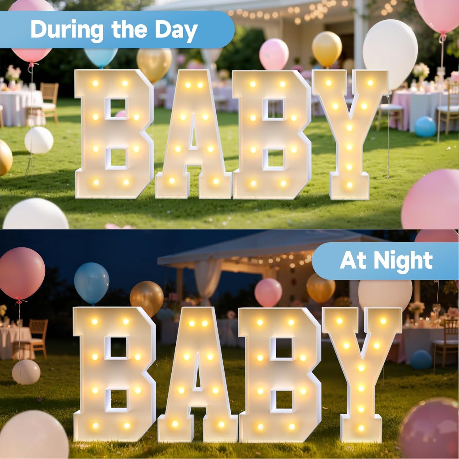 3FT Baby Marquee Letters, Large Light Up BABY Sign for Backdrop Baby Shower Decorations, 3 Feet Tall Big Light Up Letters for Girl Boy Gender Reveal Party Decor, Pre-Cut Foam Board Kit