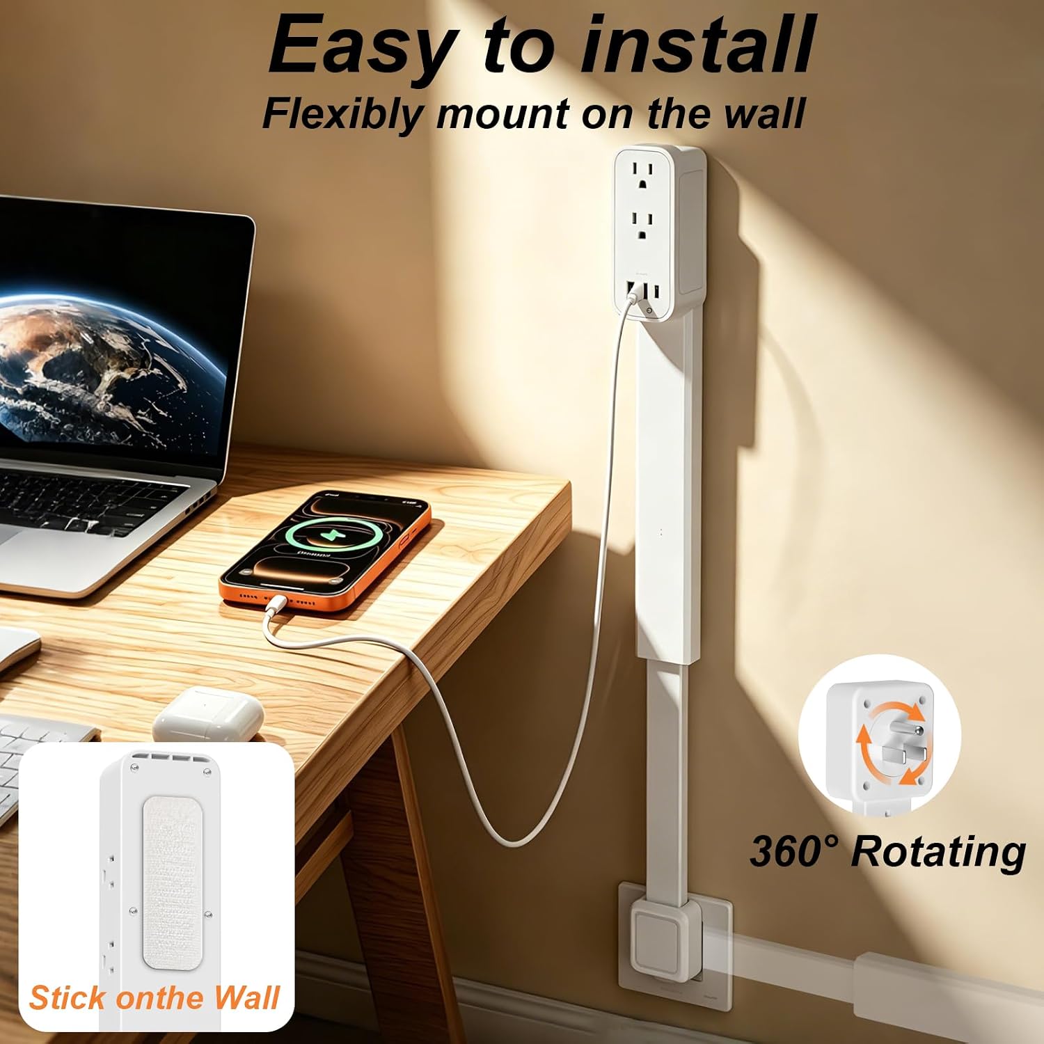 Outlet Extender Stick - Features USB-A, USB-C and 2 AC Outlets, Extends 17.5"-29.1", Rotates 360° Access Hard-to-Reach Outlets, Wall Plug Power Socket Expander Nightstands, Sofa, Desks and More