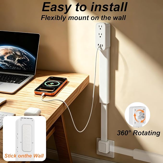 Extensión haodsso con 5 tomas, 2 USB-A, 1 USB-C y 2 salidas de CA, extensible de 17.5" a 29.1", rotación 360° miniatura 3