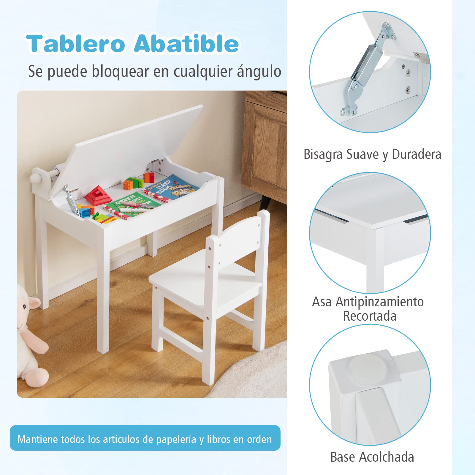 COSTWAY Juego de Mesa y Silla Infantil de Madera, Mesa de Actividades para Niños con Silla, Escritorio Infantil con Soporte para Rollo de Papel para Dibujar, Estudiar y Jugar (Blanco)