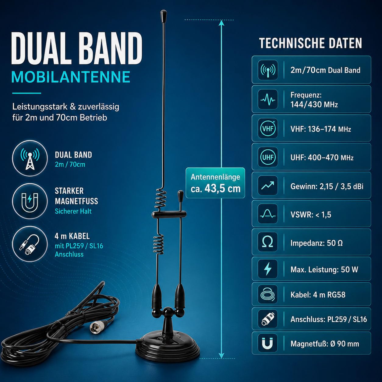 Antenna mobile Dual Band da 43,7 cm per radio amatoriale da 2 m/70 cm, VHF/UHF 144/430 MHz, antenna a base magnetica con cavo RG58 da 4 m, spina PL259, compatibile con Yaesu Icom Kenwood ecc