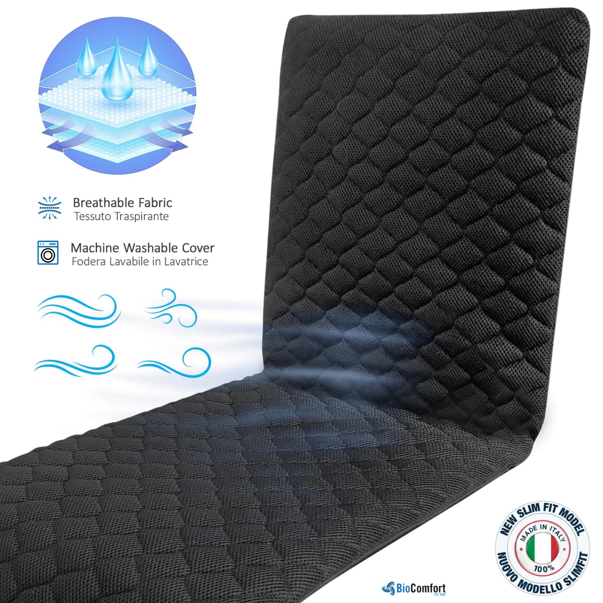BIO COMFORT Coprisedile Auto Rinfrescante con Ventilazione, Made in Italy - Copri Sedile Universale Estivo - Schienale Aspirante, Ventilato, Rinfrescante e Refrigerante - Ideale per Taxi, Camion e NCC