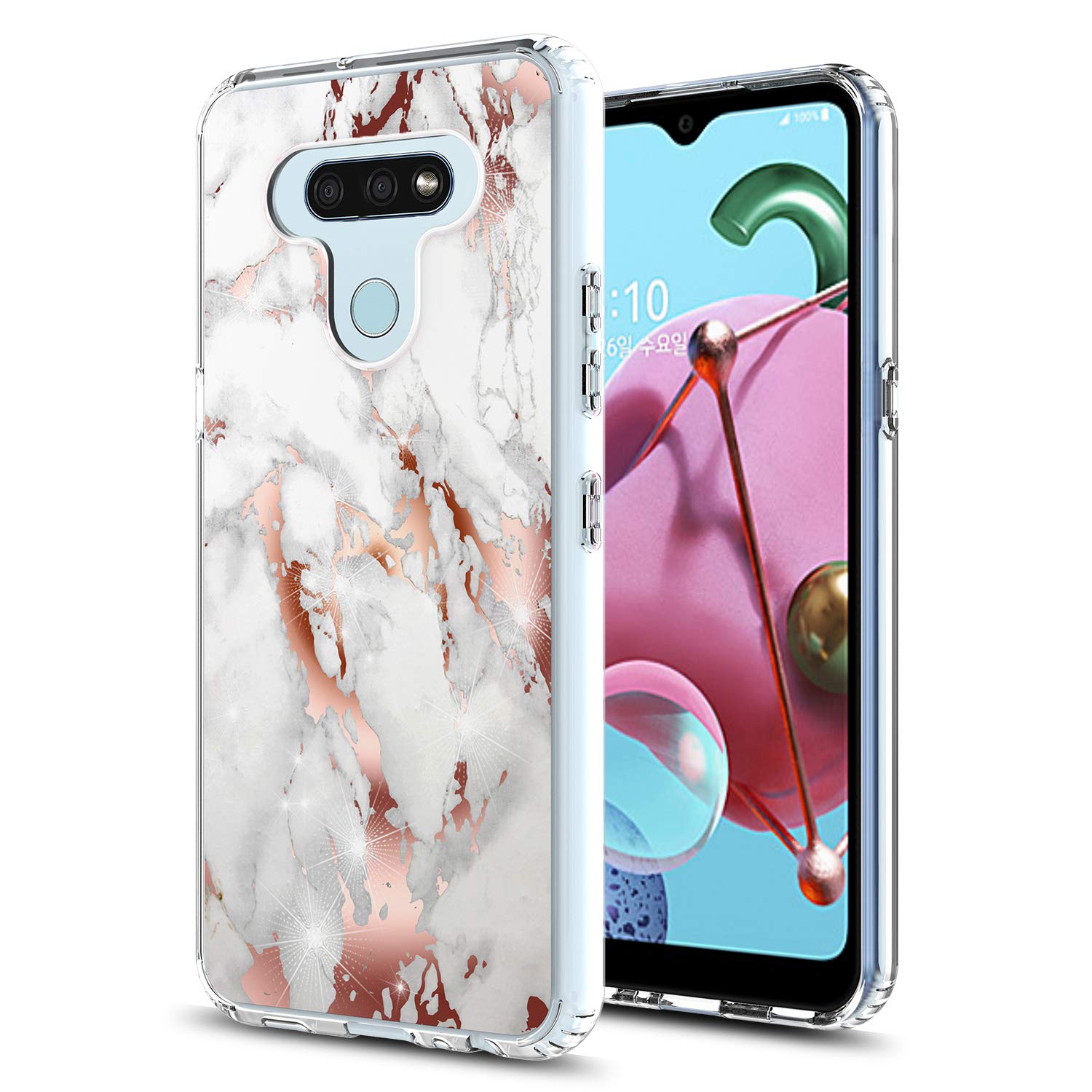 GORGCASEfor LG Harmony 4 Case, LG Premier Pro Plus L455DL (2020)/Expression Plus 3/K41, Slim Anti-Scratch Hard PC Bumper Armor Shockproof Cute Sparkly Girls Women Protective Cover Rosegold White