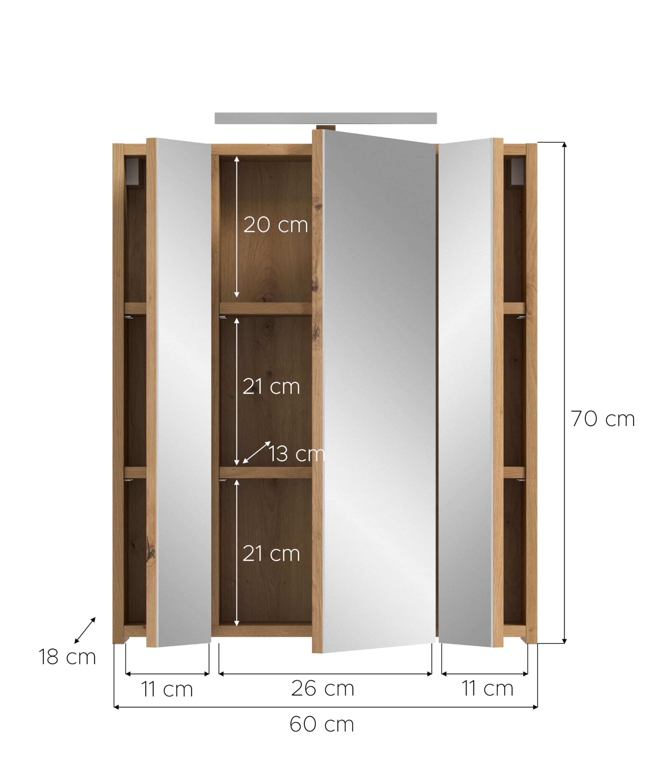 xonox.home – Spiegelschrank Ice 60x70x18 cm inkl. Beleuchtung in Korpus und Front Artisan Oak Nachbildung – Spiegelschrank mit Licht in Holzoptik – markant & edel – Bild 4