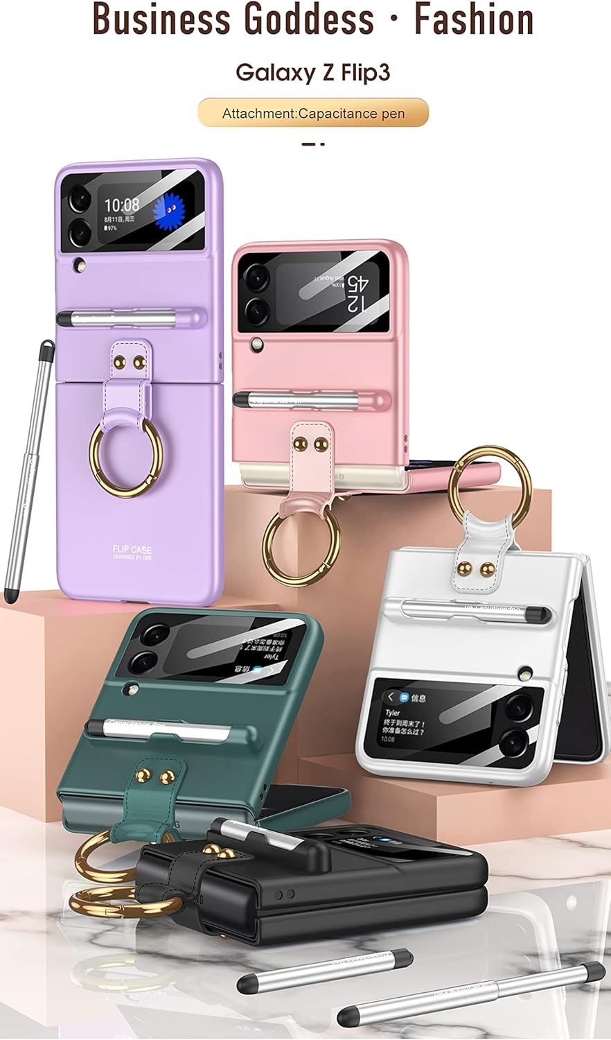 COQUE Cover for Galaxy Z Flip 3 5G Case,Shell Film All-Inclusive Phone Case with Ring Video Stand,Folding Phone Case Stylus for Samsung Galaxy Z Flip 3 5G-Purple