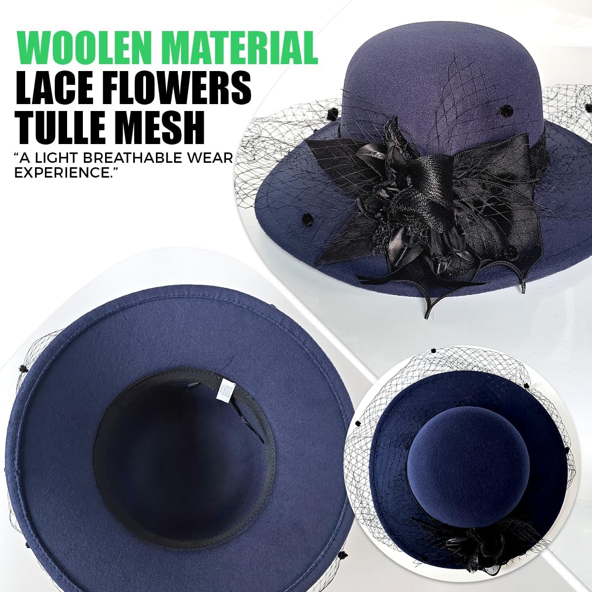 Woolen Fedora Hats for Women, Classic Flower Wide Brim Bowler Felt Top Hat with Veil Winter Church Derby Party Cap