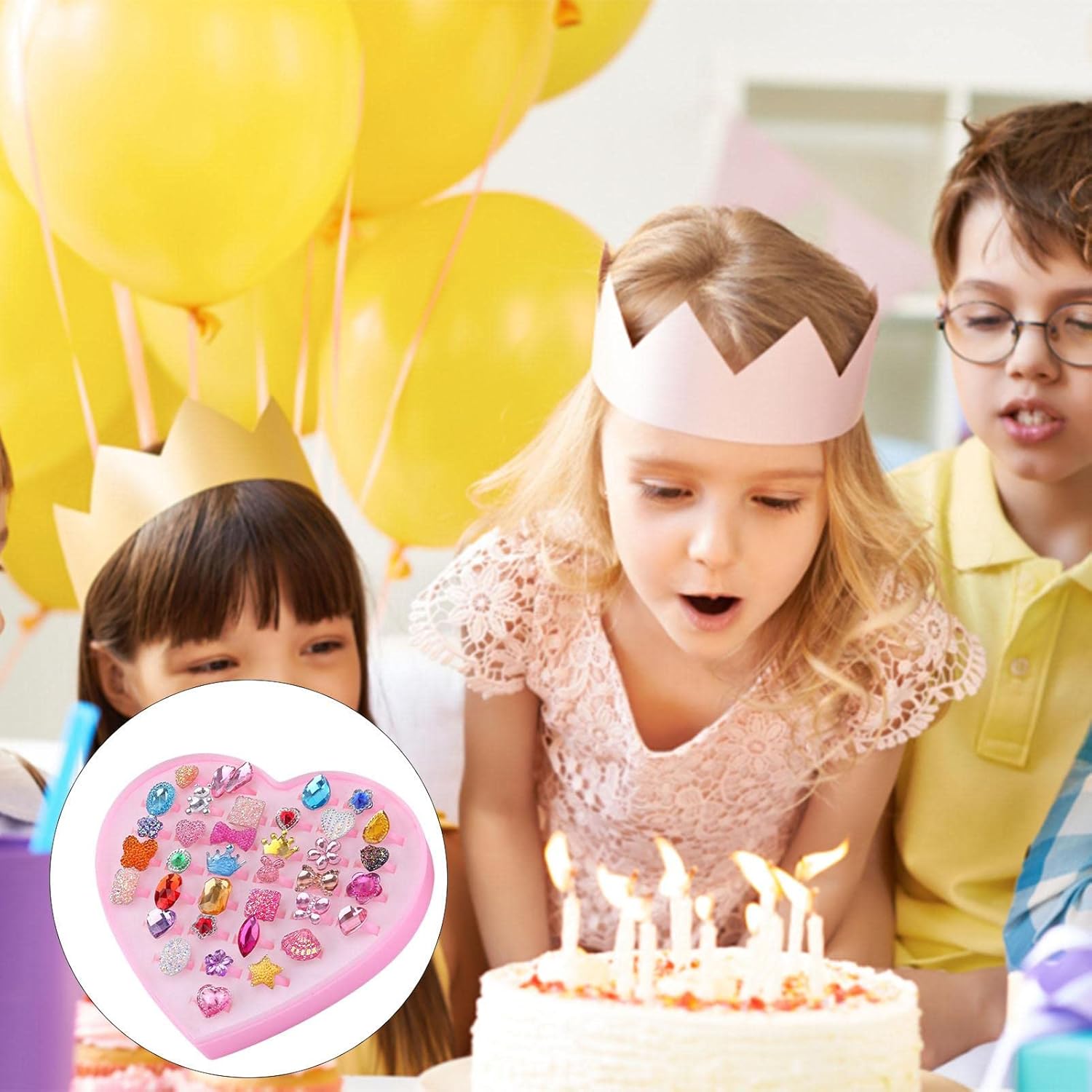 36 Diamonds Children's Jewelry Rings - Little Girl Adjustable Rings in Box | Gem Rings Set with a Heart Shape Box, Pretend and Dress-up Rings for, Xiatiam