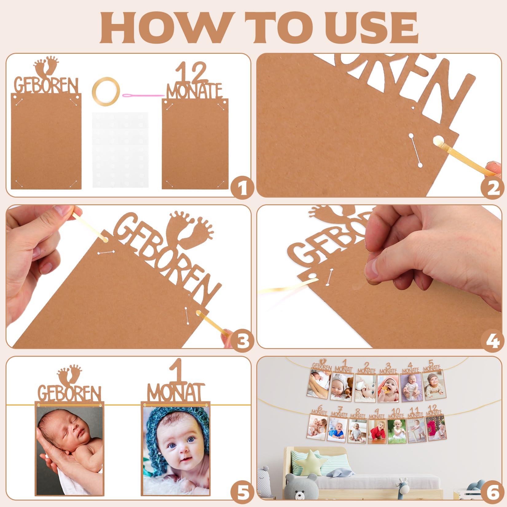 Guirlande Photo 1er Anniversaire Bébé - 12 Cartes Mois De 1 à 12, Ficelle Et Accessoires Inclus, Décoration Murale - 7