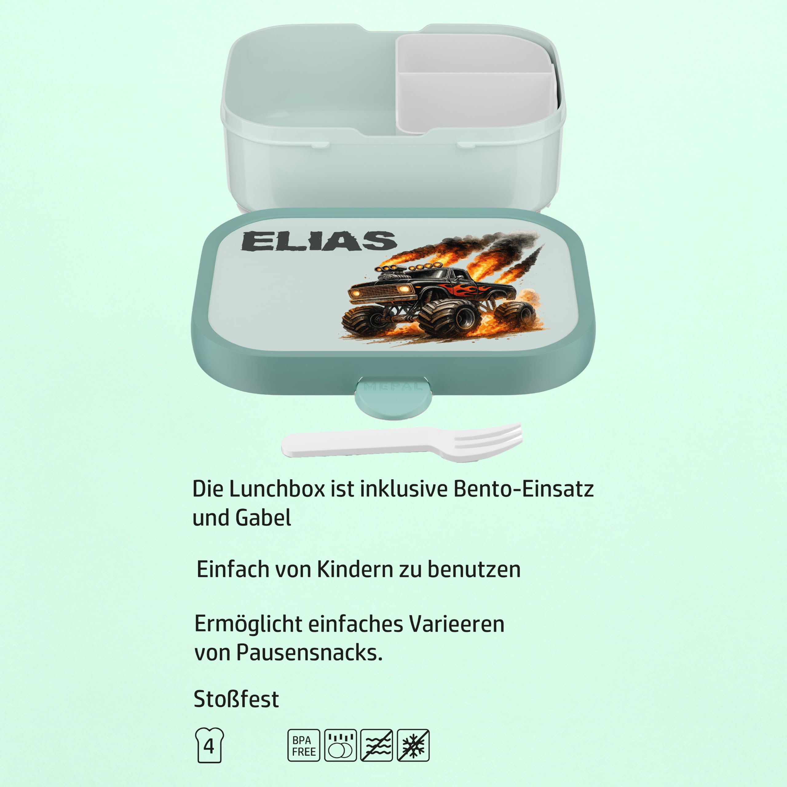 Mepal Campus Brotdose Personalisiert & Trinkflasche - 2er Set Cool Blue | Monstertruck Auto Truck Name - Geschenk Kitastart Einschulung Schule Brotdose Trinkflasche Lunchbox Junge Mädchen Kita