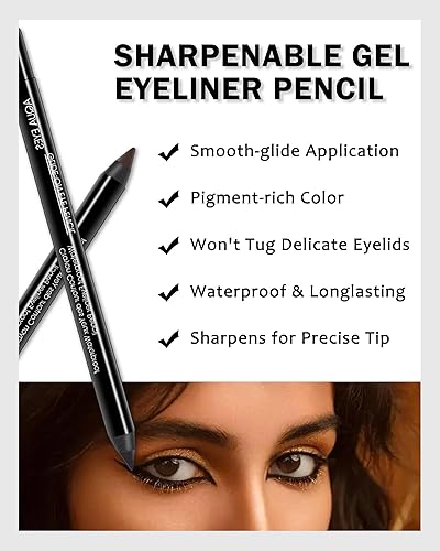 Miniatura 3 de Lápiz delineador de ojos de gel negro con sacapuntas, 1 delineador de ojos de gel negro mate resistente a las manchas, a prueba de decoloración,