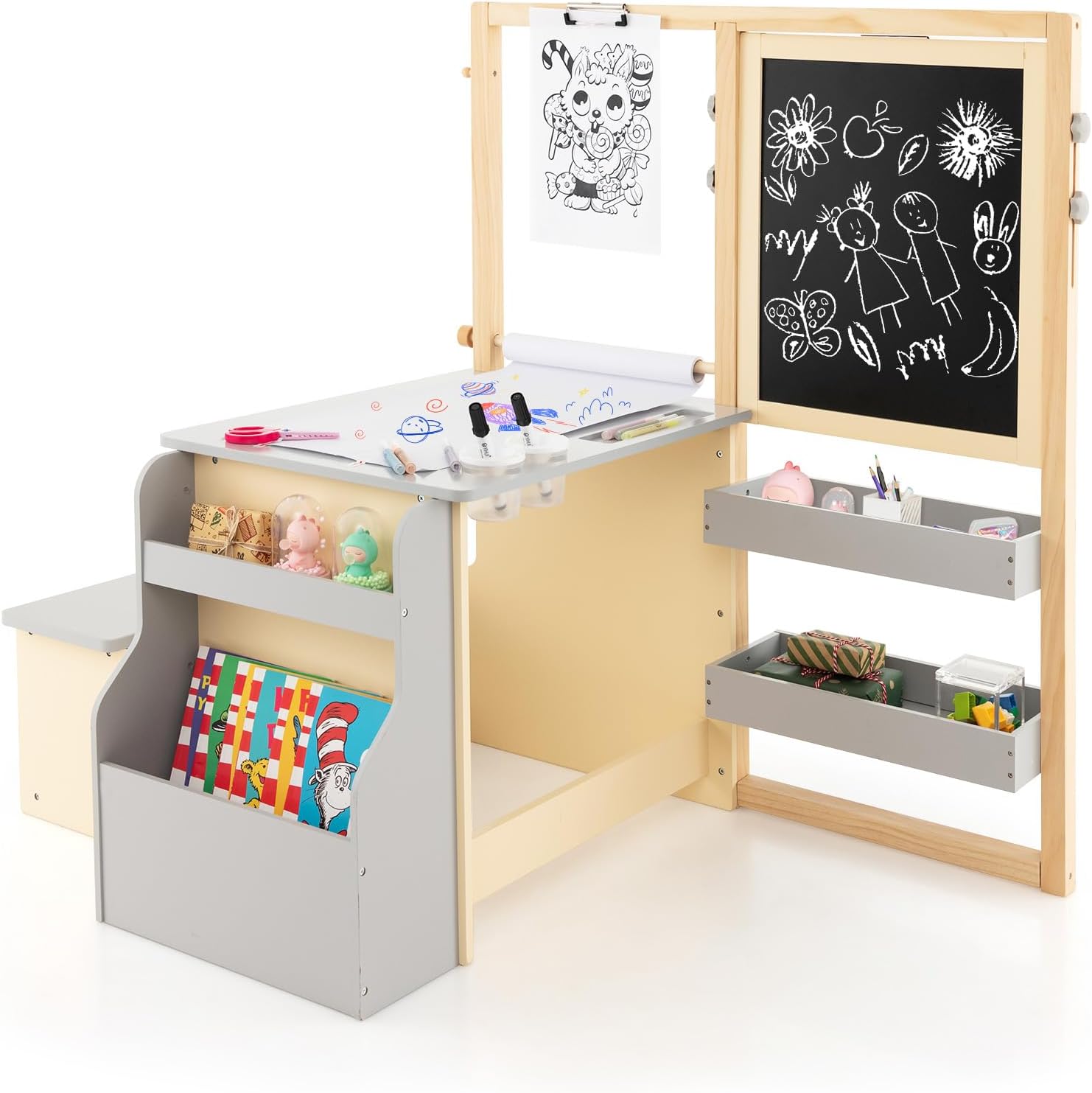 GLACER 6-in-1 Easel for Kids, Double-Sided Easley for Toddlers w/Adjustable Height White Board & Chalkboard, Paper Roll, Storage Shelf, Accessories, Magnetic Kids Easel, Gift for Boys Girls (Gray)
