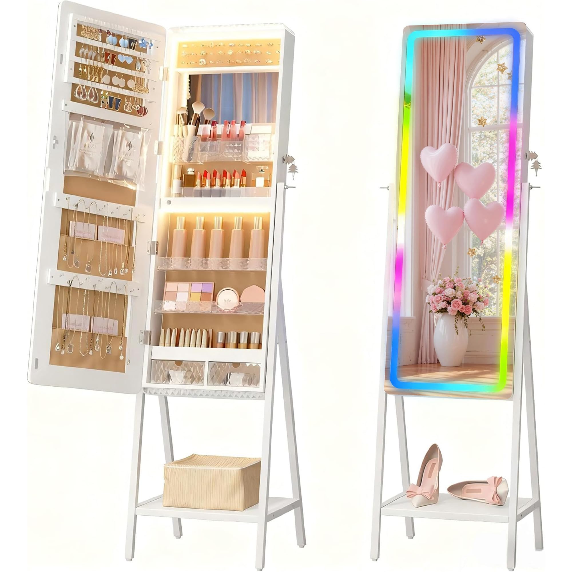 LVSOMT LED Mirror Jewelry Cabinet, Large Jewelry Armoire Cabinet Standing, Lockable Full Length Mirror with Jewelry Storage, Space-Saving Jewelry Organizer Mirror, 14 RGB Lights, White