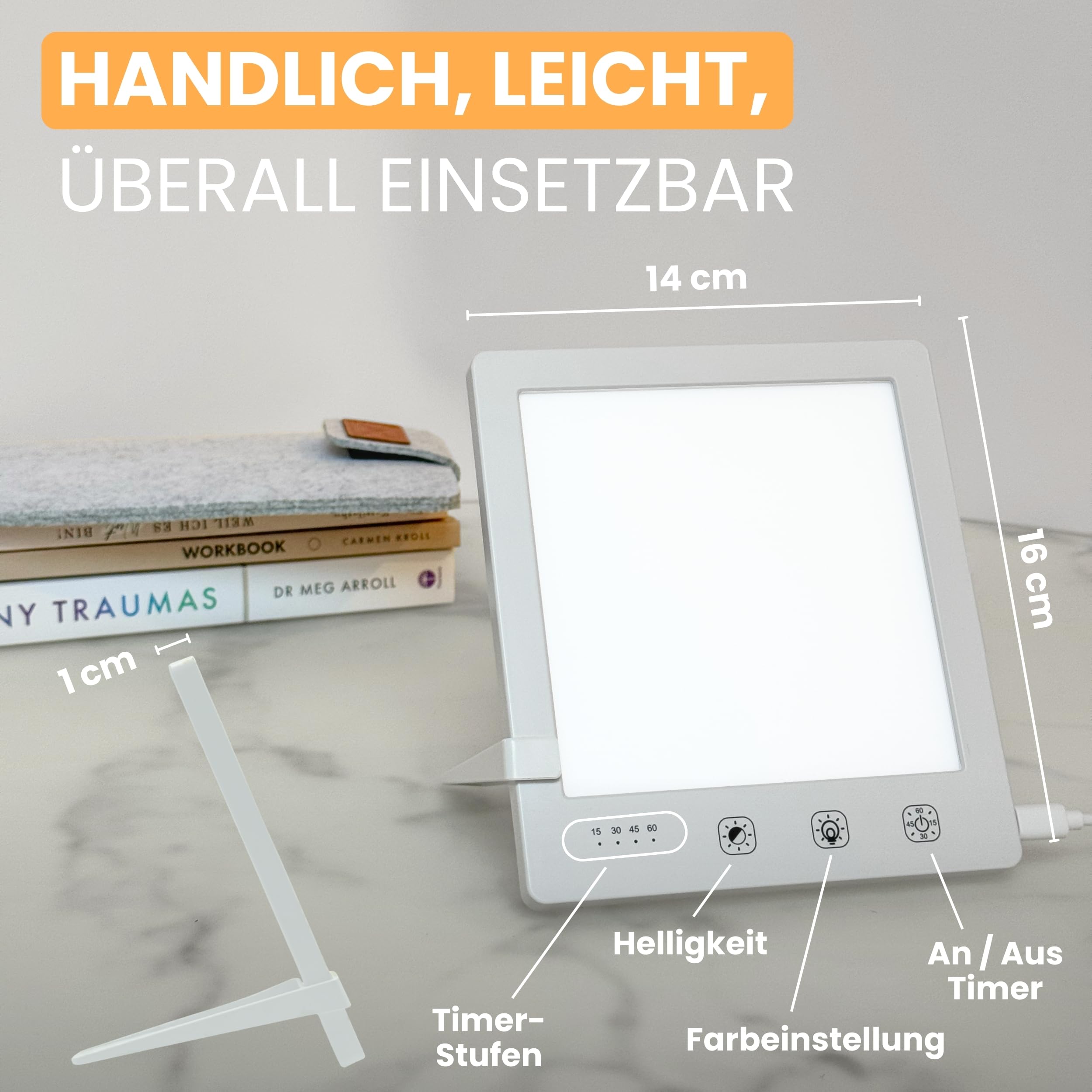 Tageslichtlampe bis 10000 Lux, Lichttherapielampe zur Simulation von Tageslicht, Therapielampe daylight sad lamp, Lichtdusche inkl. Ständer, Tasche & USB-C Kabel