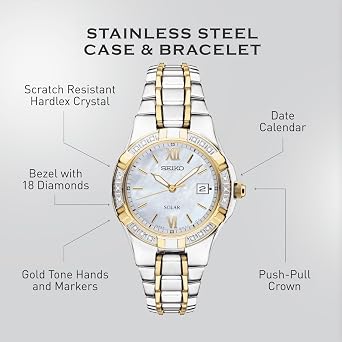 SEIKO SUT068 Watch for Women - Diamond Collection - with 18 Diamond Accents, Solar Power, Mother-of-Pearl Dial, Two-Tone Gold Stainless Steel Case & Bracelet, and Water-Resistant to 50m
