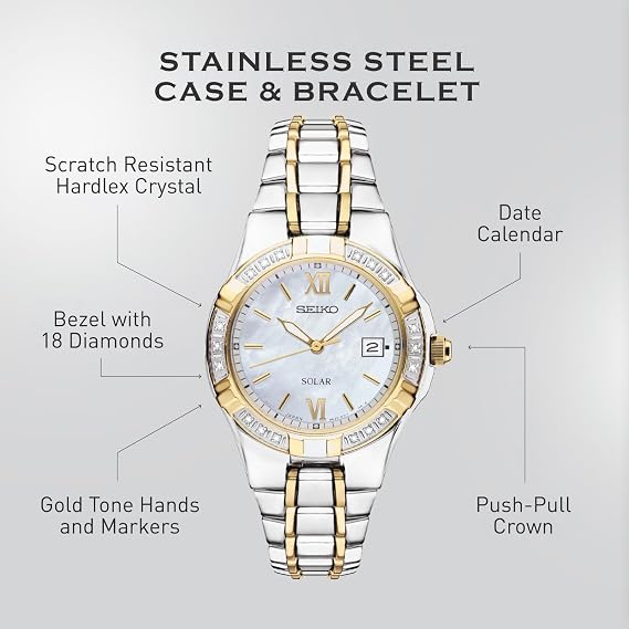 SEIKO SUT068 Watch for Women - Diamond Collection - with 18 Diamond Accents, Solar Power, Mother-of-Pearl Dial, Two-Tone Gold Stainless Steel Case & Bracelet, and Water-Resistant to 50m
