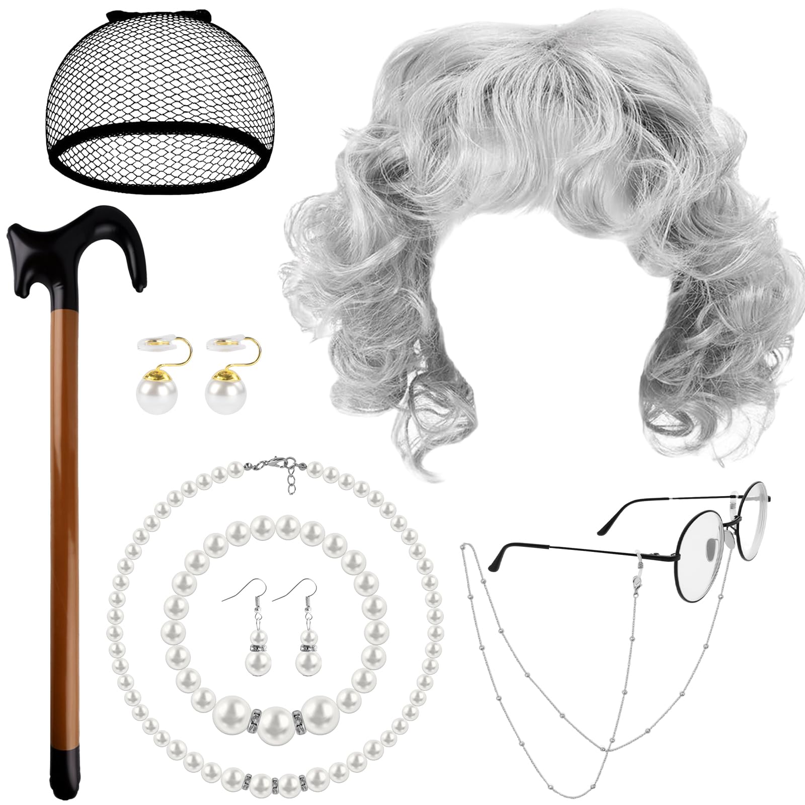8Pcs Old Lady Costume Set,Grandma Fancy Dress with Granny Wig, Wig Cap, Glasses and Chain, Pearl Necklace Jewellery