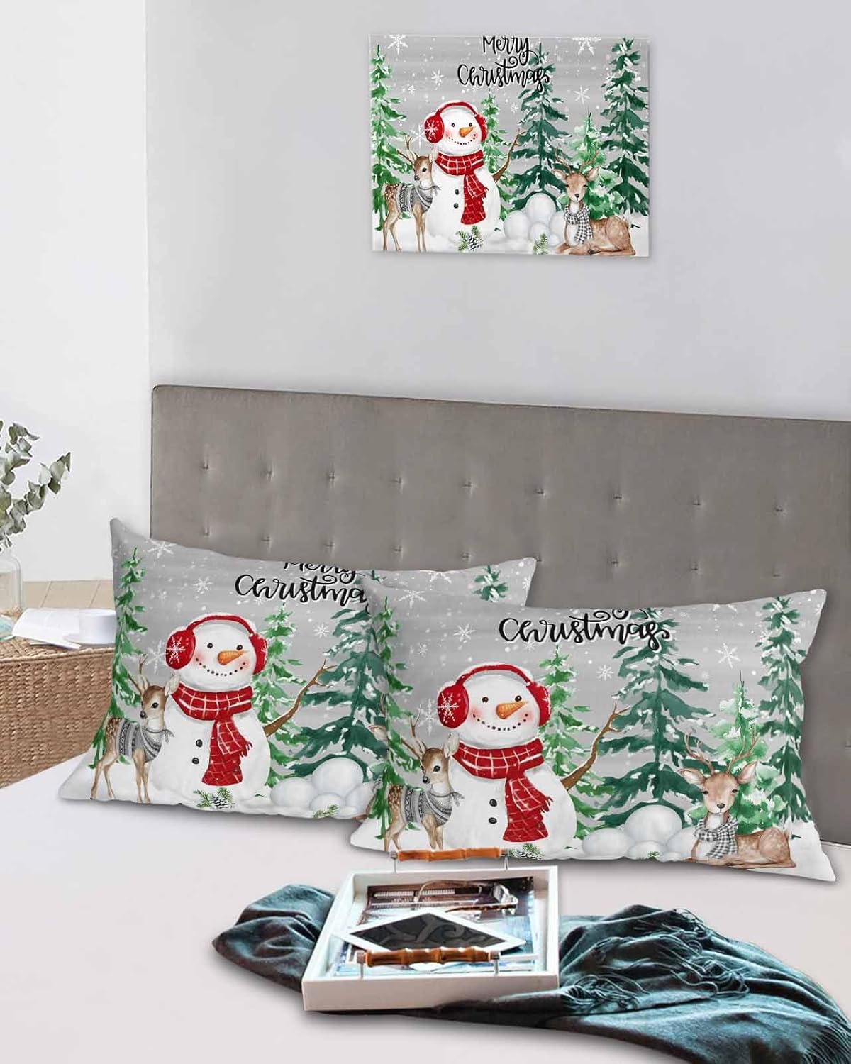 DecorLovee Gray Snowman Christmas Pillow Cases Standard Size Set of 2 - Microfiber Bed Throw Pillow Covers, Xmas Tree Snowflake Balls Lumbar Pillow Cover with Envelope Closure for Sofa 20"x26"