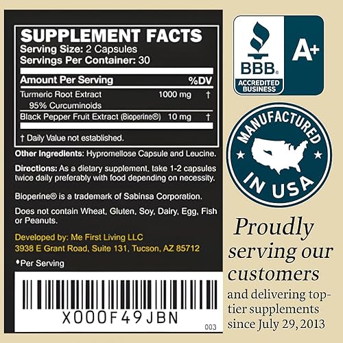 Miniatura 9 de Me First Living Premium Cúrcuma Curcumina, 0.0035 onzas de 95% curcuminoide con pimienta negra como Bioperina 0.00035 onzas, 19x más potente que