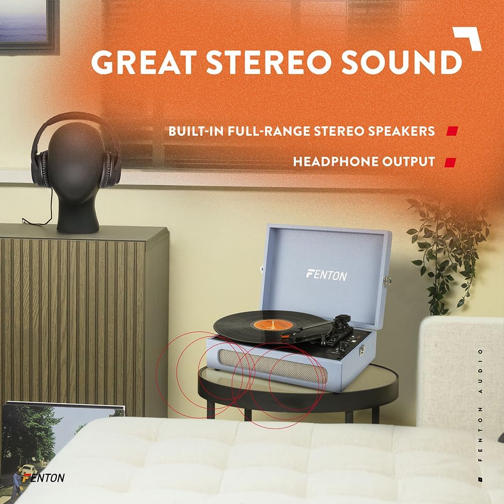 Close-up of the Fenton RP118E turntable platter with a record, highlighting the three-speed options for 7, 10, and 12-inch records.