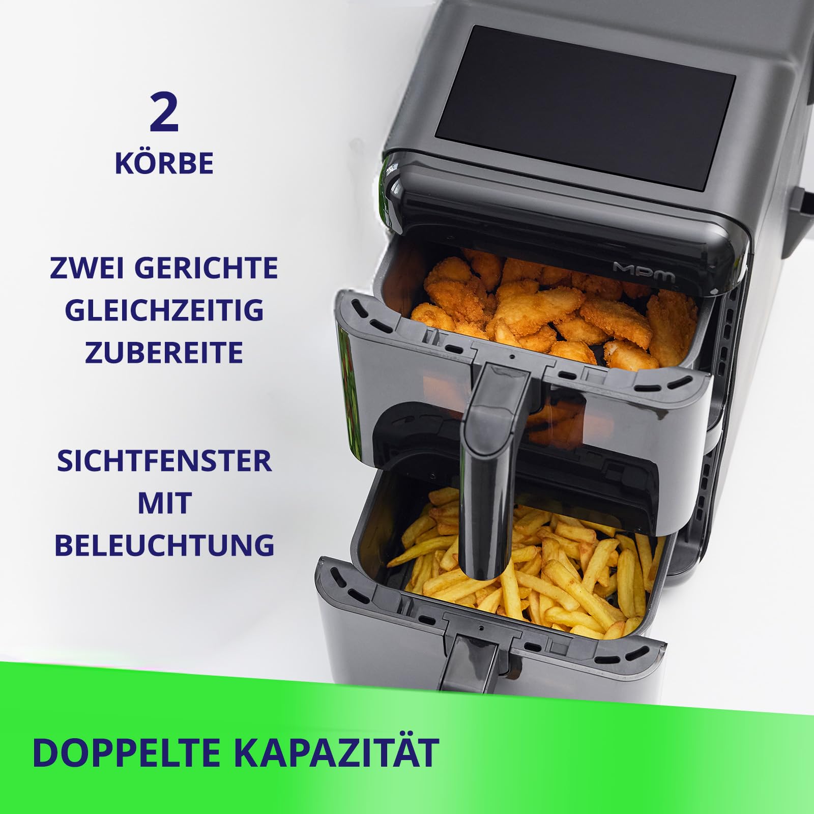 MPM Air Fryer Freidora de Aire Caliente 2 Cámaras XXL 12 L Superpuesta 3000 W