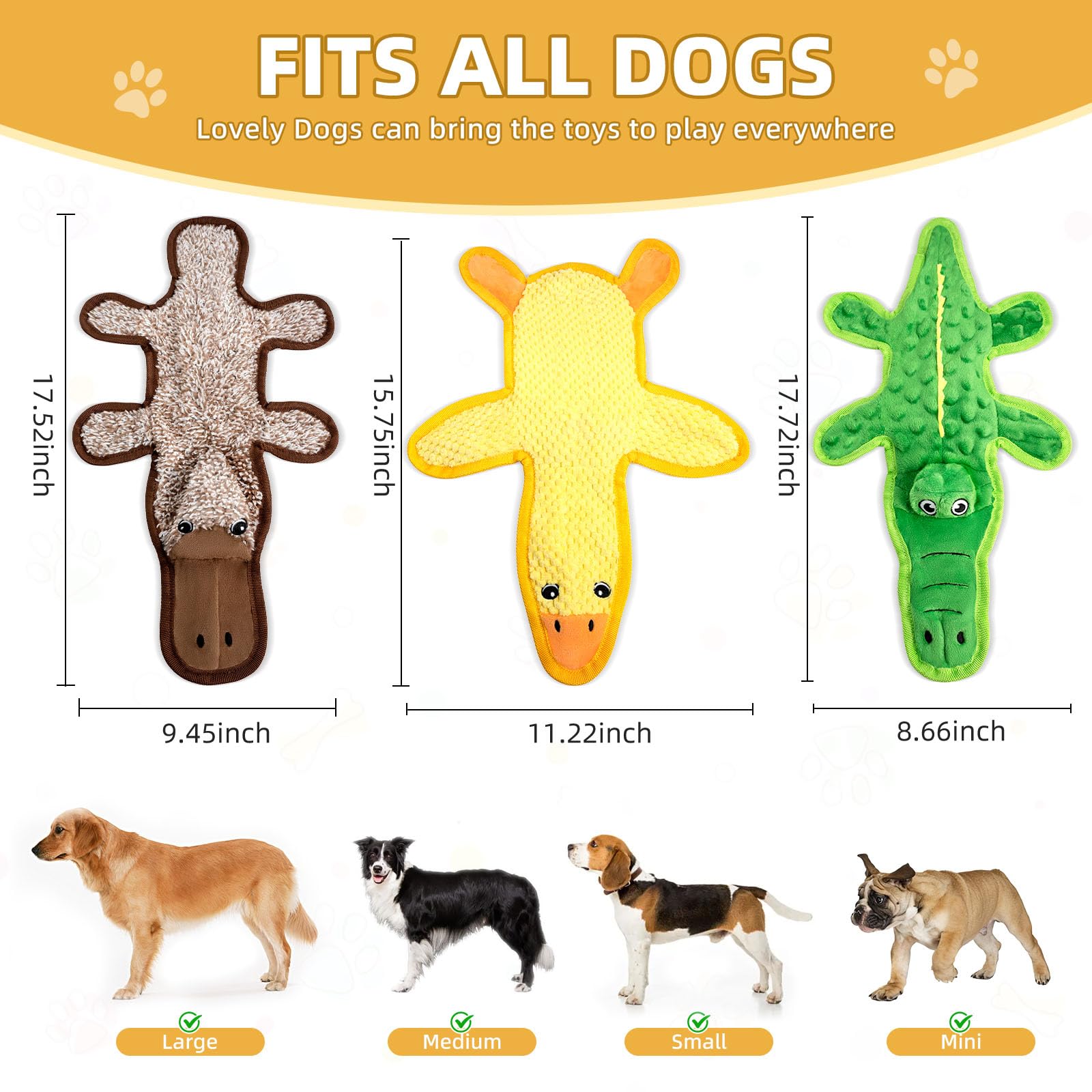 CHAWONER 3 Pack Squeaky Dog Toys, Interactive No Stuffing Crocodile Duck Platypus Chew Toy with Crinkle Paper - Image 2