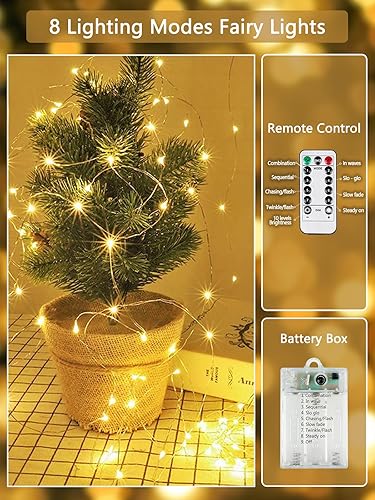 Miniatura 2 de Paquete de 4 luces de hadas a pilas con temporizador de control remoto, cadena de 80 luces LED de 26 pies para exteriores e interiores, 8 modos de