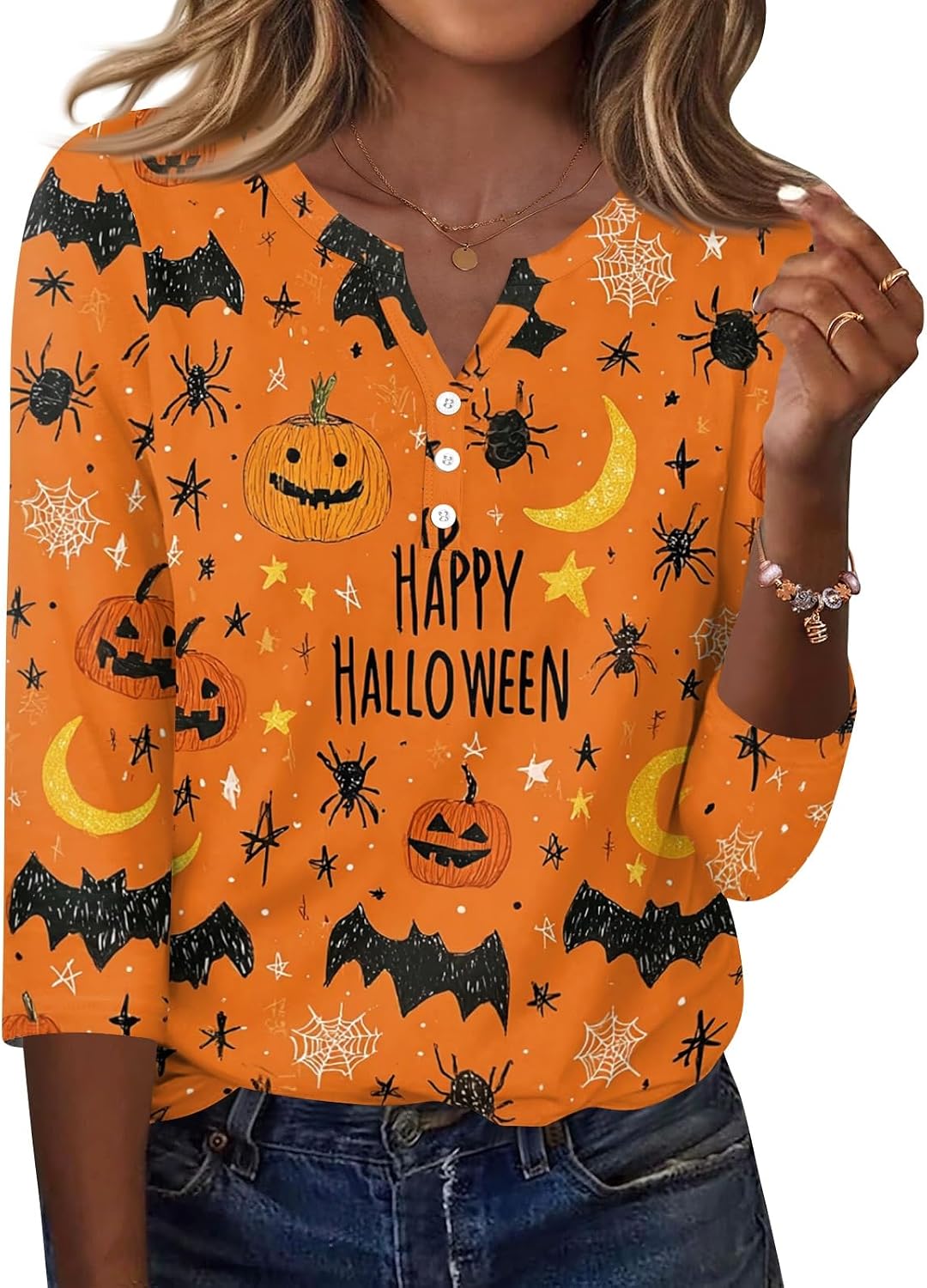 Womens Fall Halloween Shirt Button V Neck 3/4 Sleeve Graphic Tops | Loose Fit Tops for Women, Halloween Tshirt, Womens Fall Cute Tees, Holiday Clothes