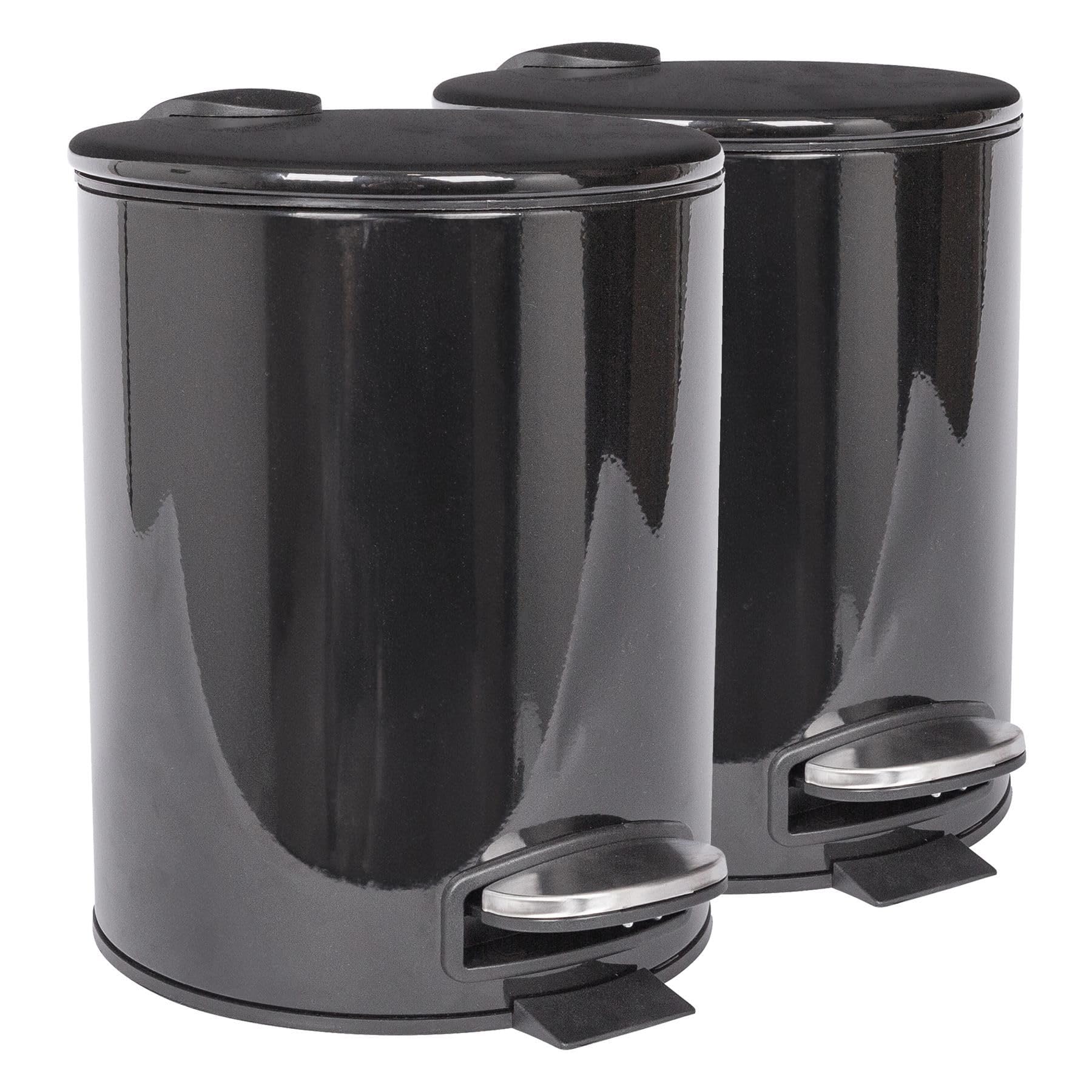 Harbour Housewares 5L Bathroom Bins - Black - Pack of 2 - Round Stainless Steel Pedal Bin Slim Kitchen Rubbish Trash Can Garbage Dustbin with Lid and Inner Liner Bucket