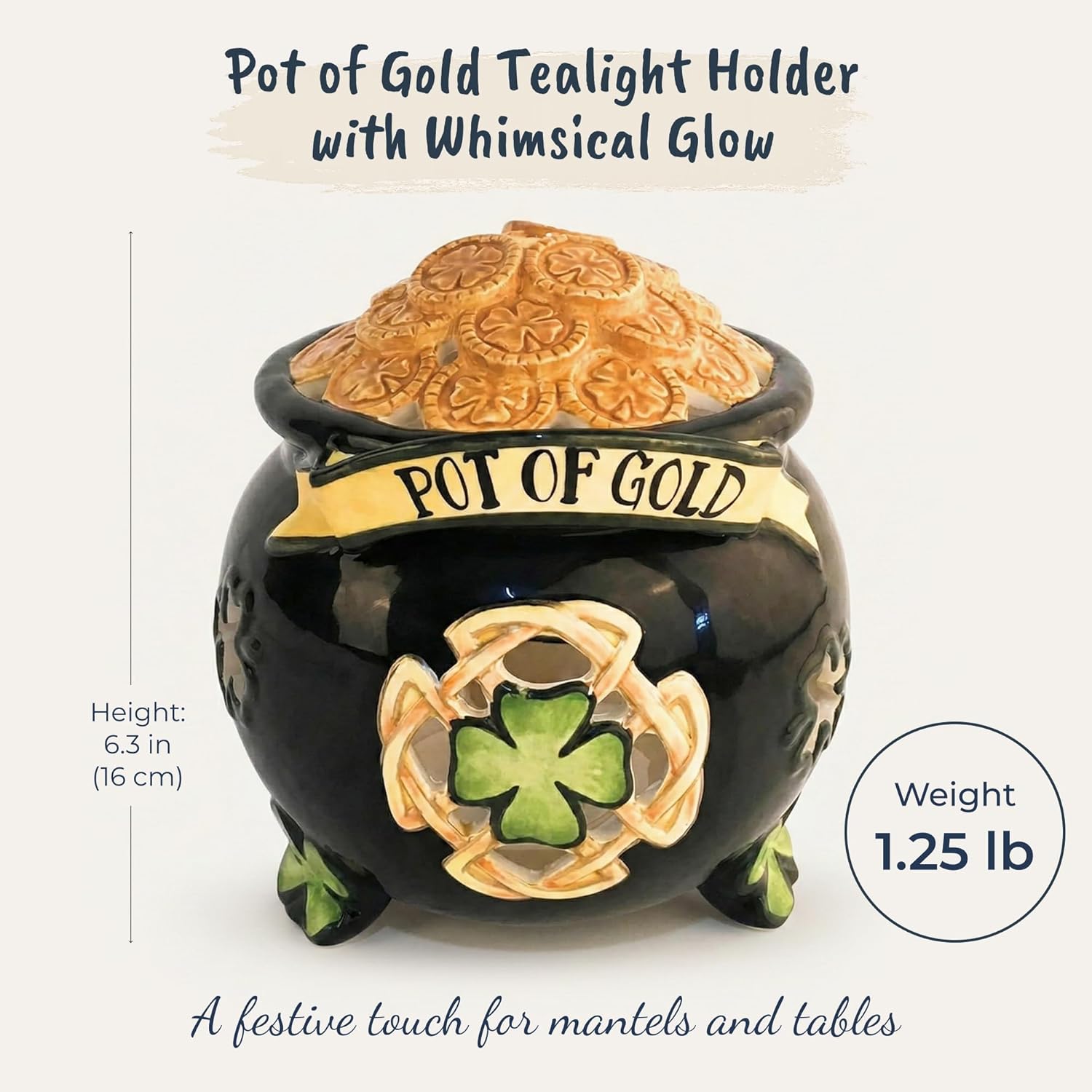 Blue Sky Clayworks Pot of Gold Tealight Holder, 6.25" L x 5.75" W x 6.25" H