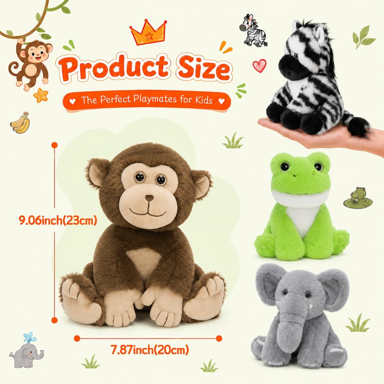 MaoGoLan 4Pcs Small Stuffed Animals Bulk, Safari Jungle Animal Plush Toys Set - Elephant Monkey Zebra Frog, Soft 8" Zoo Stuffed Animals for Kids, Birthday Party Favors Classroom Rewards - view 3