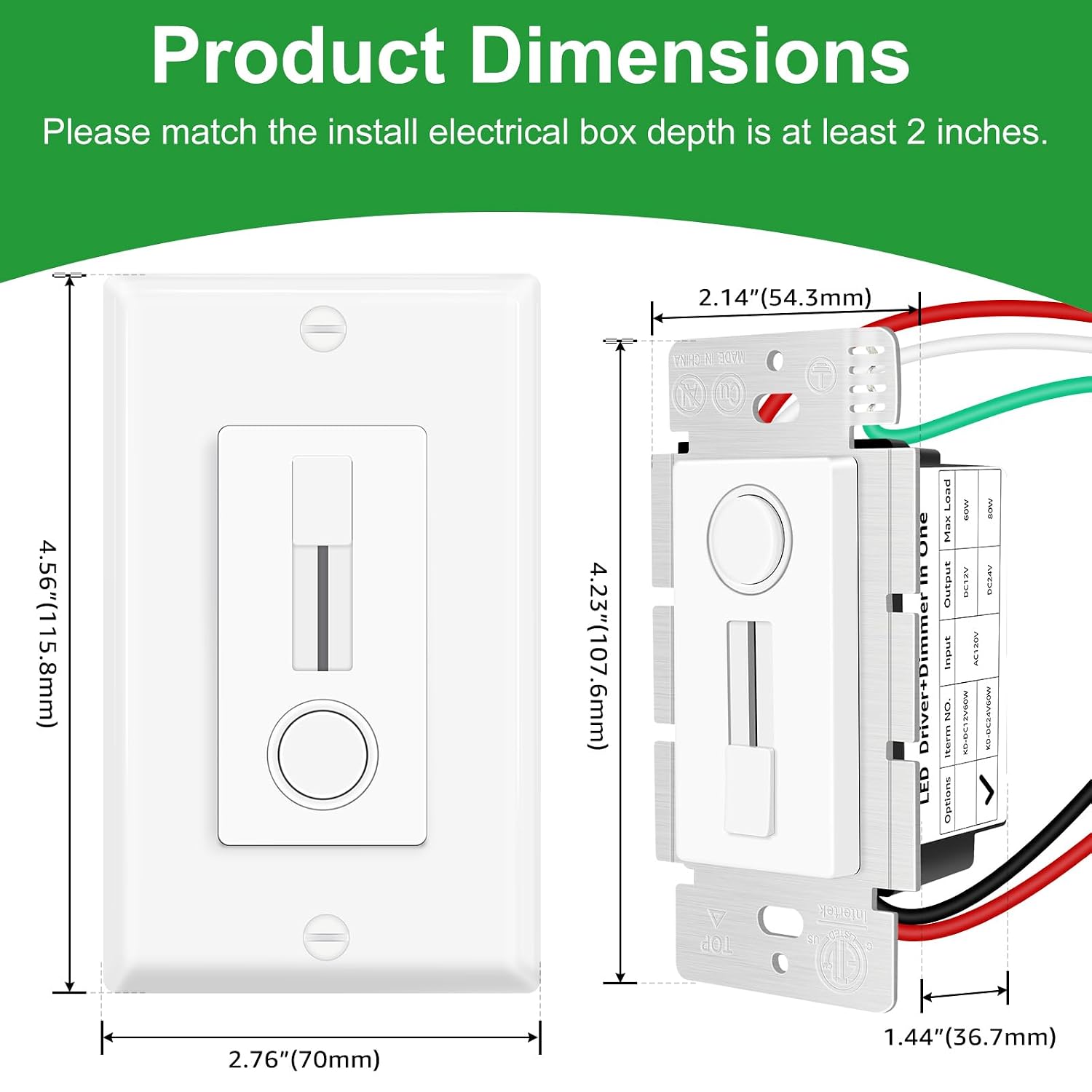 Greencycle 60W 24V LED Driver and Dimmer Switch, All-in-One 120V AC to 24V DC Transformer and Wall Dimmer Switch for 24V Single Color LED Strip Lights, Neutral Wire Required, ETL Listed