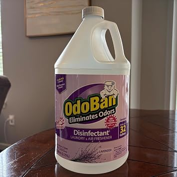 OdoBan Ready-to-Use Disinfectant and Harsh Aroma Eliminator, Set of 2, 14.6 Ounce 360-Degree Continuous Spray Fabric/Air Freshener and 1 Gallon Multi-Purpose Cleaning Concentrate, Lavender Scent