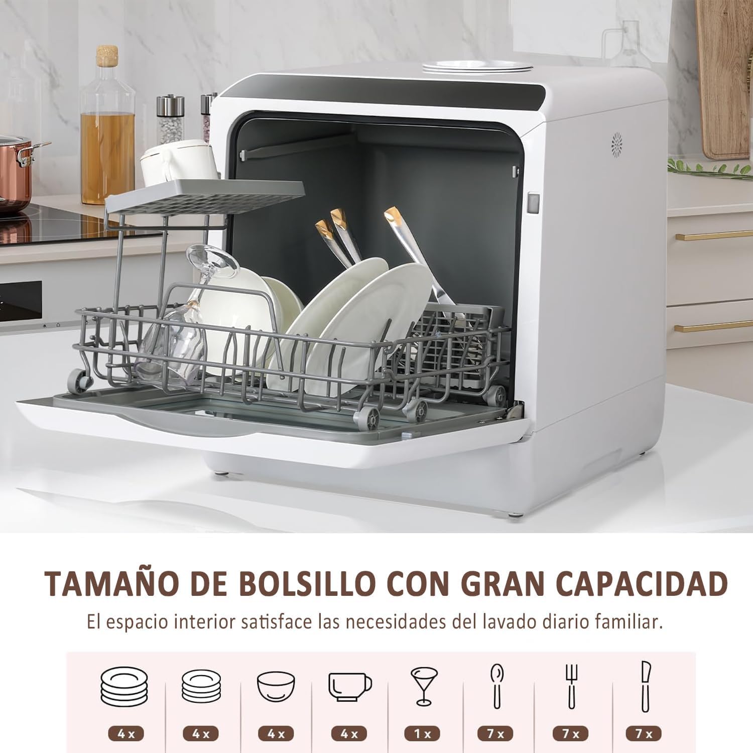 YU YUSING Mini Lavavajillas Pequeño 45 cm, 5 Cubiertos, 5+1 Programas, Secado PTC, con o sin Suministro de Agua, Lavavajillas Portatil Compacto, Tanque de 5 L, Pantalla LED, Blanco y Negro
