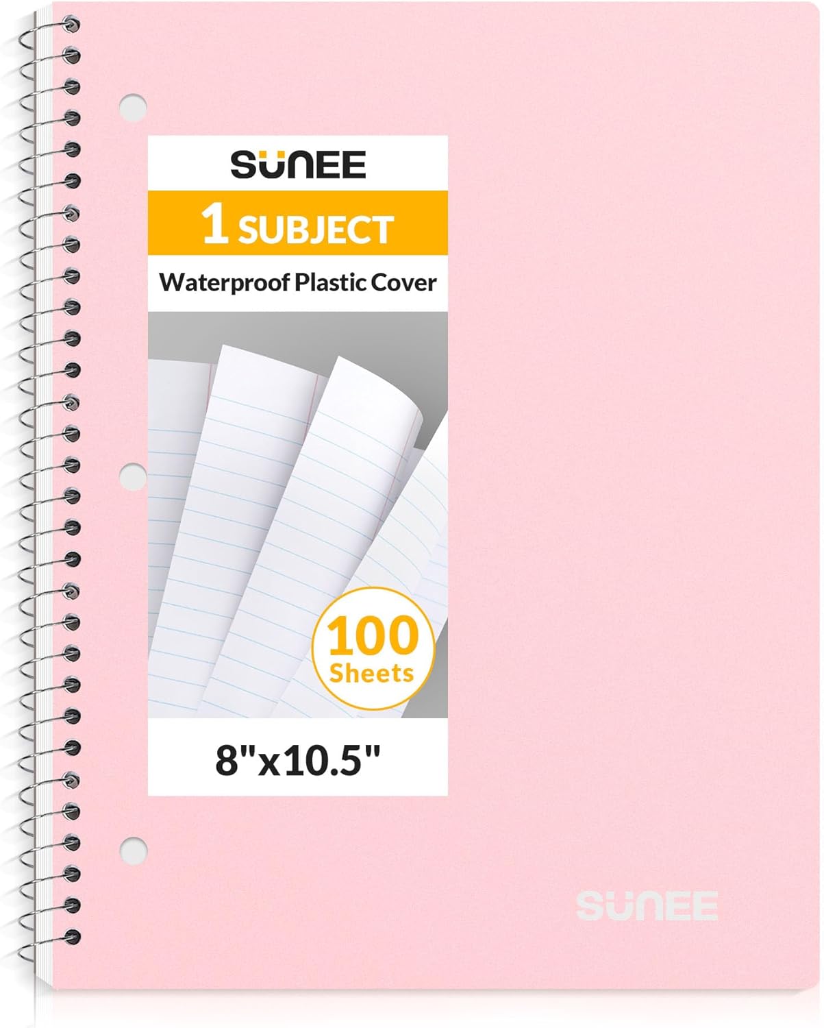 SUNEE Spiral Notebook, 1-Subject, Wide Ruled Paper, 8″ x 10-1/2″, 100 Sheets per Notebook, 3-Hole Punched Paper, Water Resistant Cover, Double-sided Pockets, Spiral Lined Notebooks for School, Pink