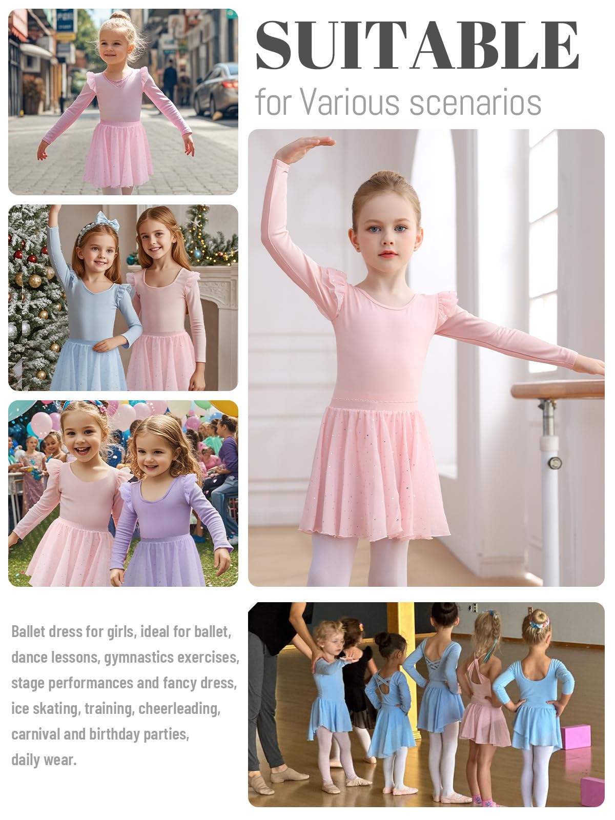 Ballettkleidung Mädchen Langarm Ballerina Turnanzug mit Abnehmbarem Rock Glitzer Ballettkleid Tanzkleid Kinder Ballett Trikot 2-11 Jahre