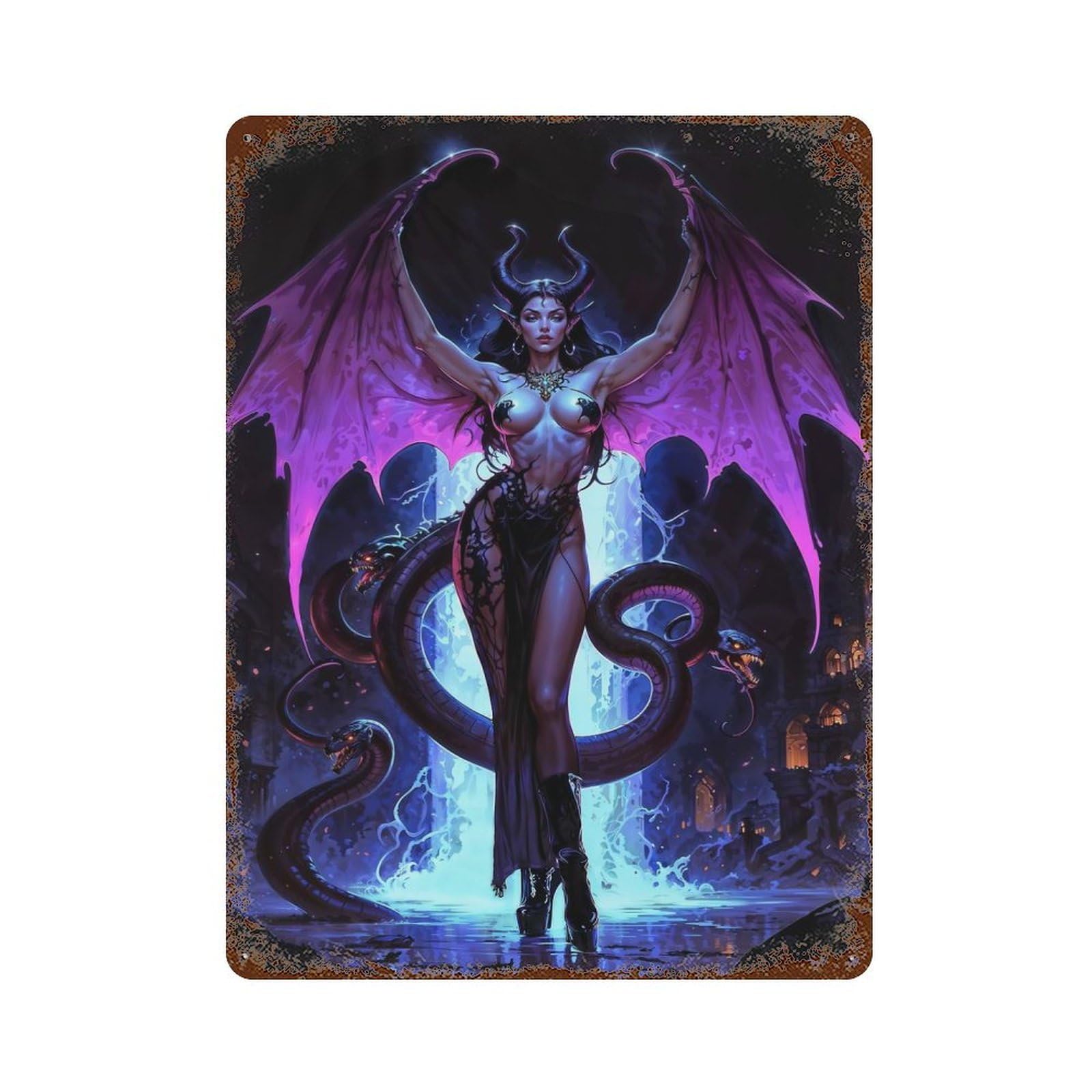 Demon Queen Lilith with Snakes And Wings Vintage Wall Sign 15.7"x11.8", Rust Effect Metal Decor for Office, Studio And Wall Decor