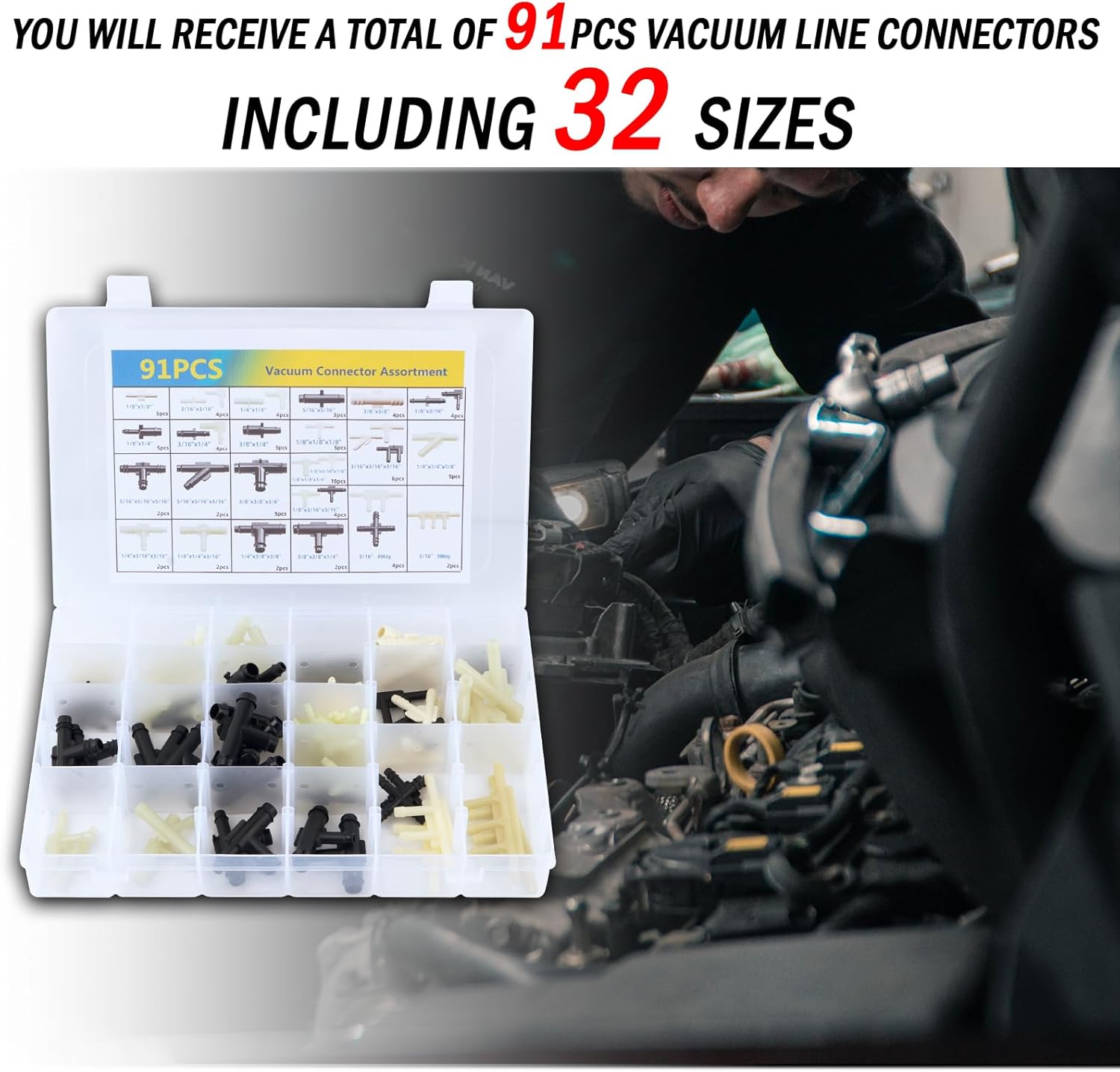 91PCS Vacuum Line Connectors Kit,32-Size Automotive Vacuum Hose Connector Kit Includes 1/8" 3/16" 1/4" 5/16" 3/8",Vacuums Tubing Connectors Kits Tee Straight with Storage Box