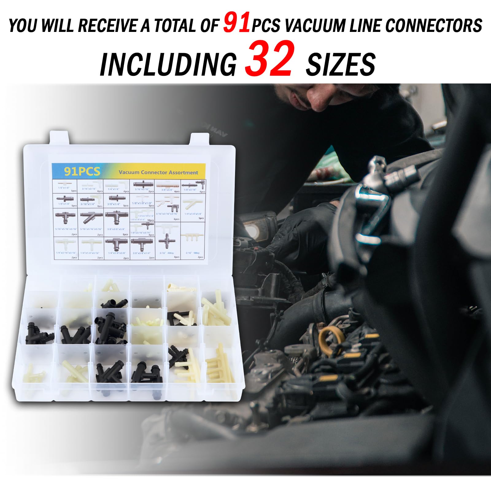 Kit de 91 conectores de línea de vacío, kit de conectores de manguera de vacío automotriz de 32 tamaños que incluye conectores de tubo de aspiradora de 1/8 pulgadas, 3/16 pulgadas, 1/4 pulgadas, 5/16