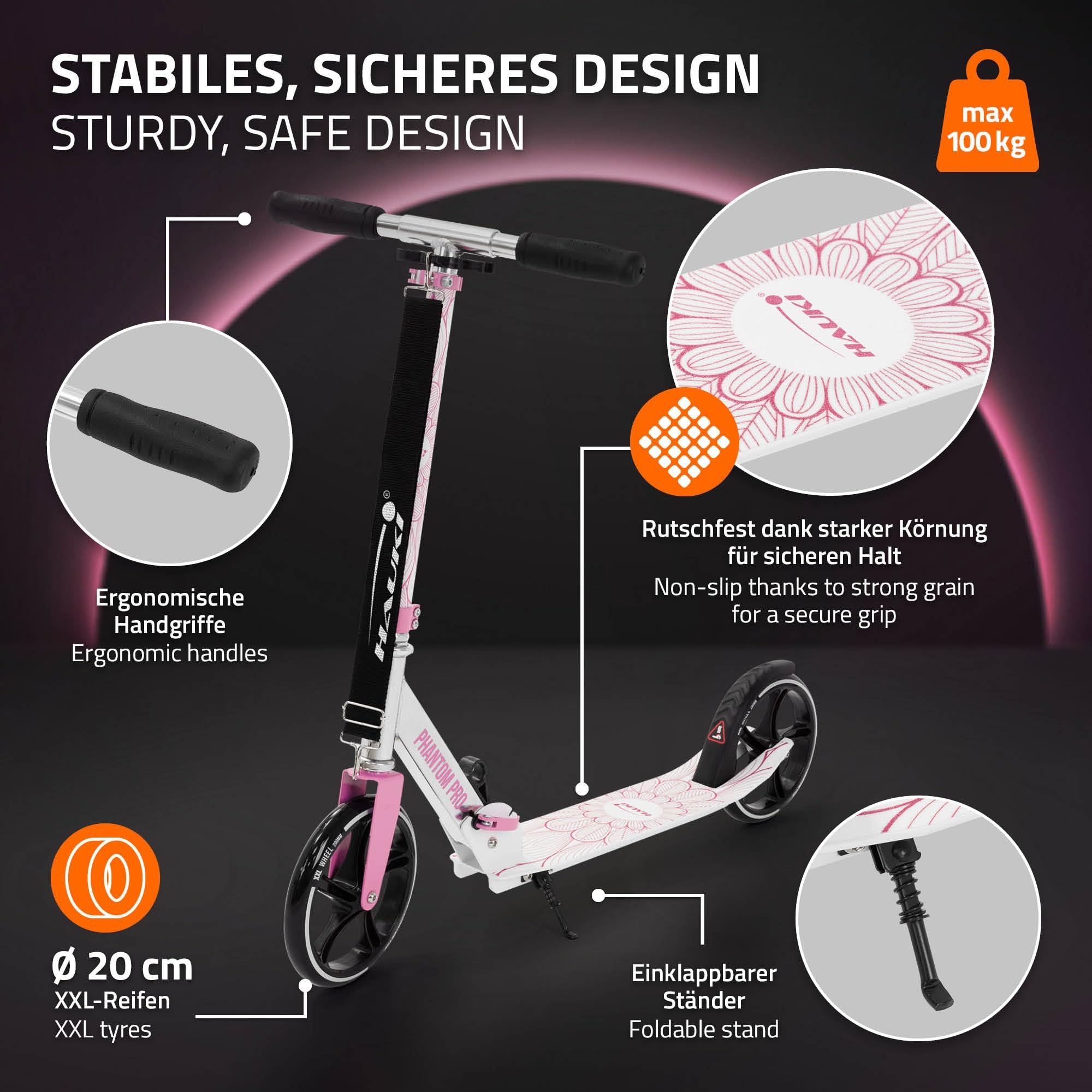 Hauki Cityroller Scooter Vert/Rose, Trottinette Pliable et Réglable en Hauteur, Roues XXL, Frein Arrière à Pédale, pour Enfants Adultes, Modèle Urbaine avec Béquille Sangle Transport Sécurité Stable