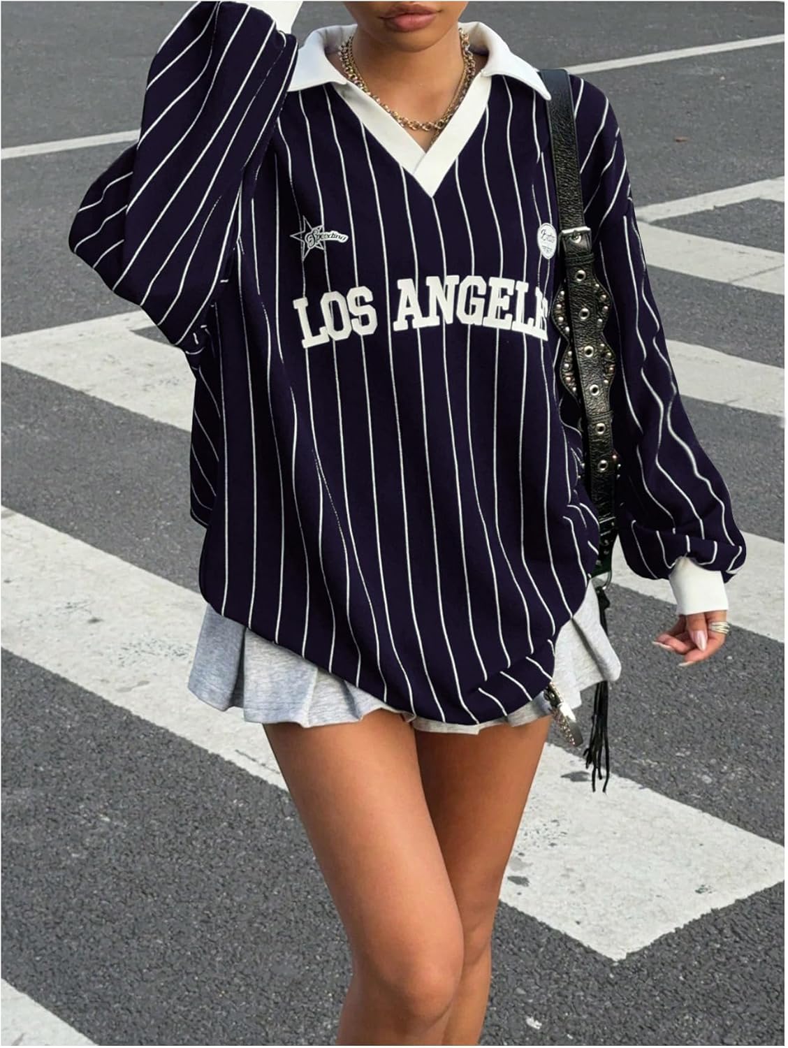 SOLY HUX Women's Oversized Tees Striped Letter Print Y2k Jersey T Shirt Collar V Neck Long Sleeve Loose Tops - Image 3