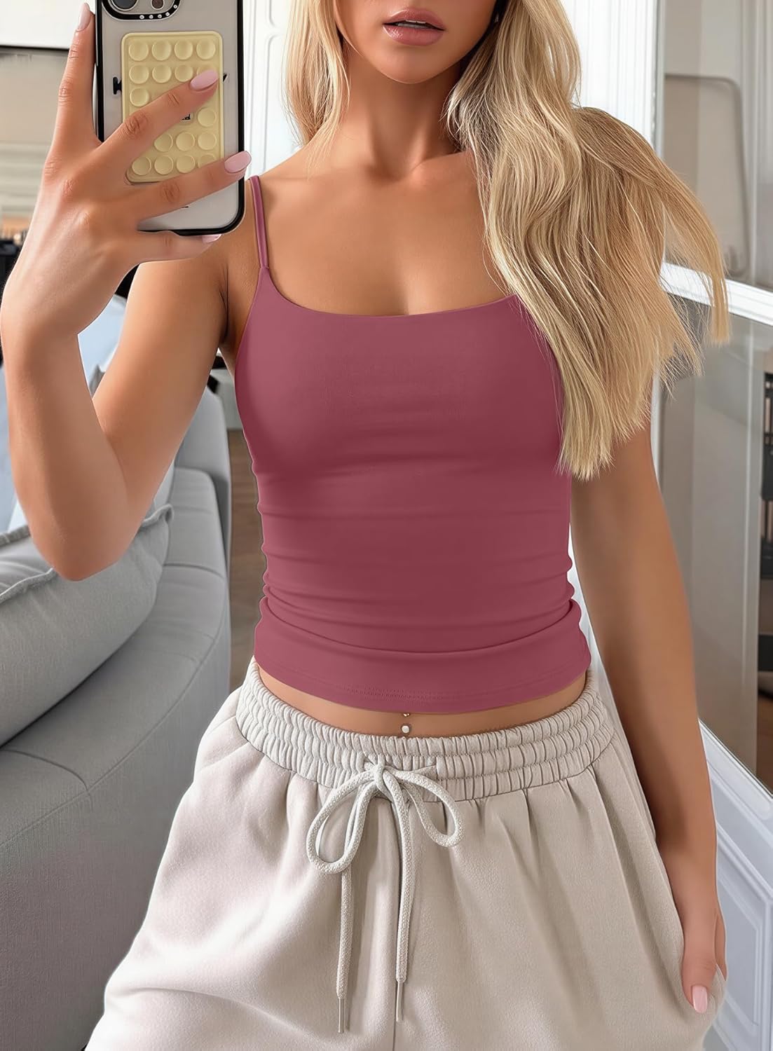 Darong Women Padded Tank Top Built in Bra Adjustable Spaghetti Straps Double Lined Basic Cami Shirt - Image 3