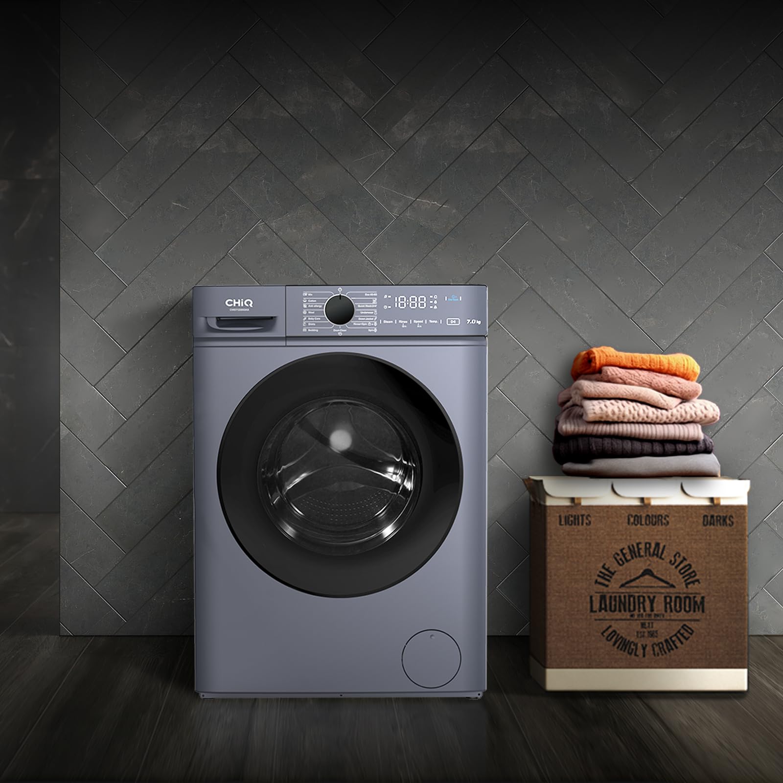 CHiQ Lave linge hublot 7kg Classe énergétique A Moteur BLDC 1200 RPM Lavage vapeur 15 programmes Design compact 60x46.5x85cm Gris