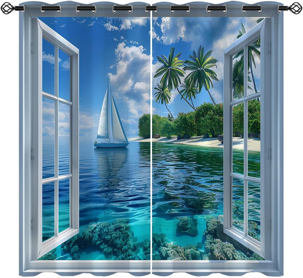 Beach Blackout Curtains for Girls Kids Teen Boys Home Decor,Tropical Seaside Scene Ocean Palm Tree Grommet Thermal Insulated Drapes Darkening Window Curtain for Bedroom Living Room, 63 x 63 Inch