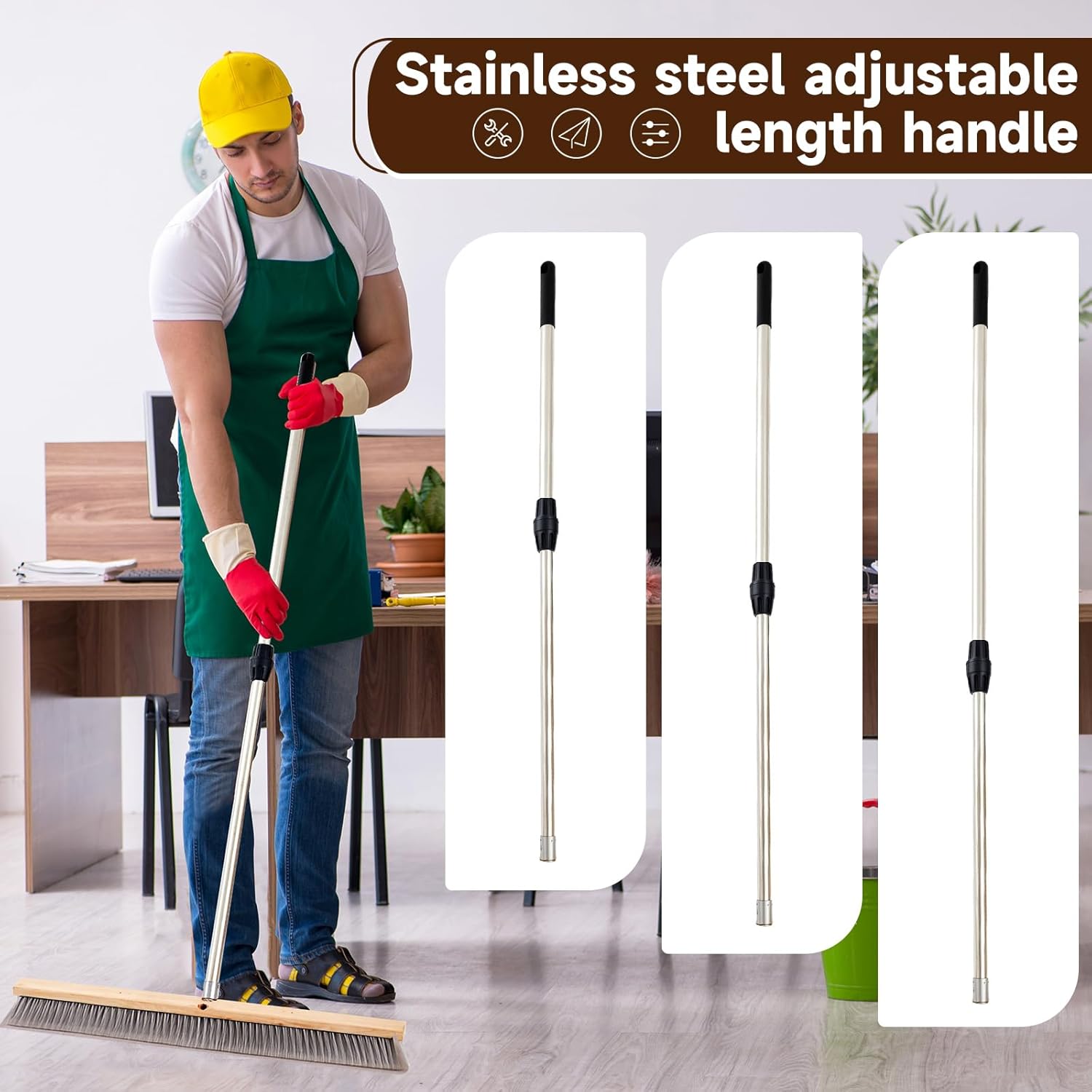 Maxdot 36" Push Broom with Stainless Steel Telescopic Handle,Polypropylene Bristles, Heavy Duty Push Large Broom with Handle for Smooth-Surface Home and Garage Sweeping
