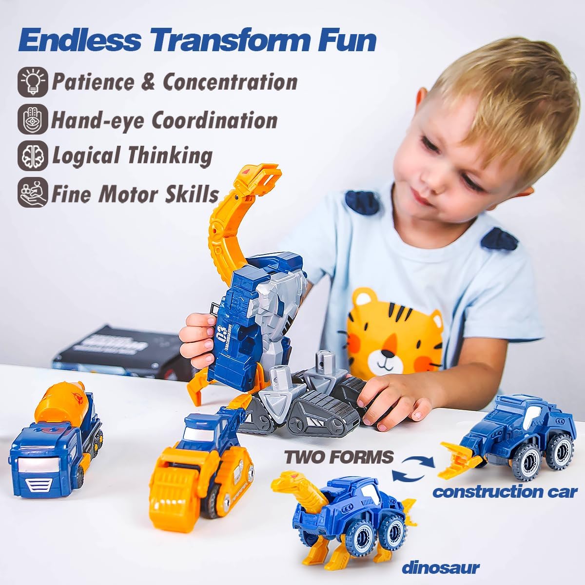 Construction Trucks Toy Dinosaur Vehicles Magnetic Set, 5-in-1 Educational STEM Building Car Kit, Transform to Big Robot, Holiday Present Birthday Gift for Toddler Kid 3 4 5 6 7 Year Old Boys Girls
