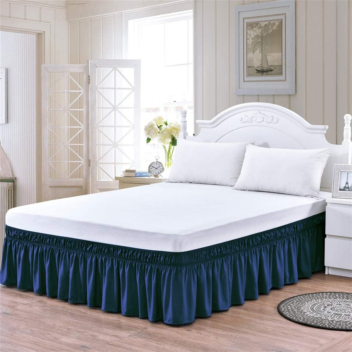 Bed Skirt Queen Size and King Size, Blue Bed Skirt Adjustable Elastic Belt - 16 Inch Drop Easy to Put On, Wrap Around Ruffled Bed Skirt, Queen Size and King Size Bed Skirt for Adjustable Bed Frame