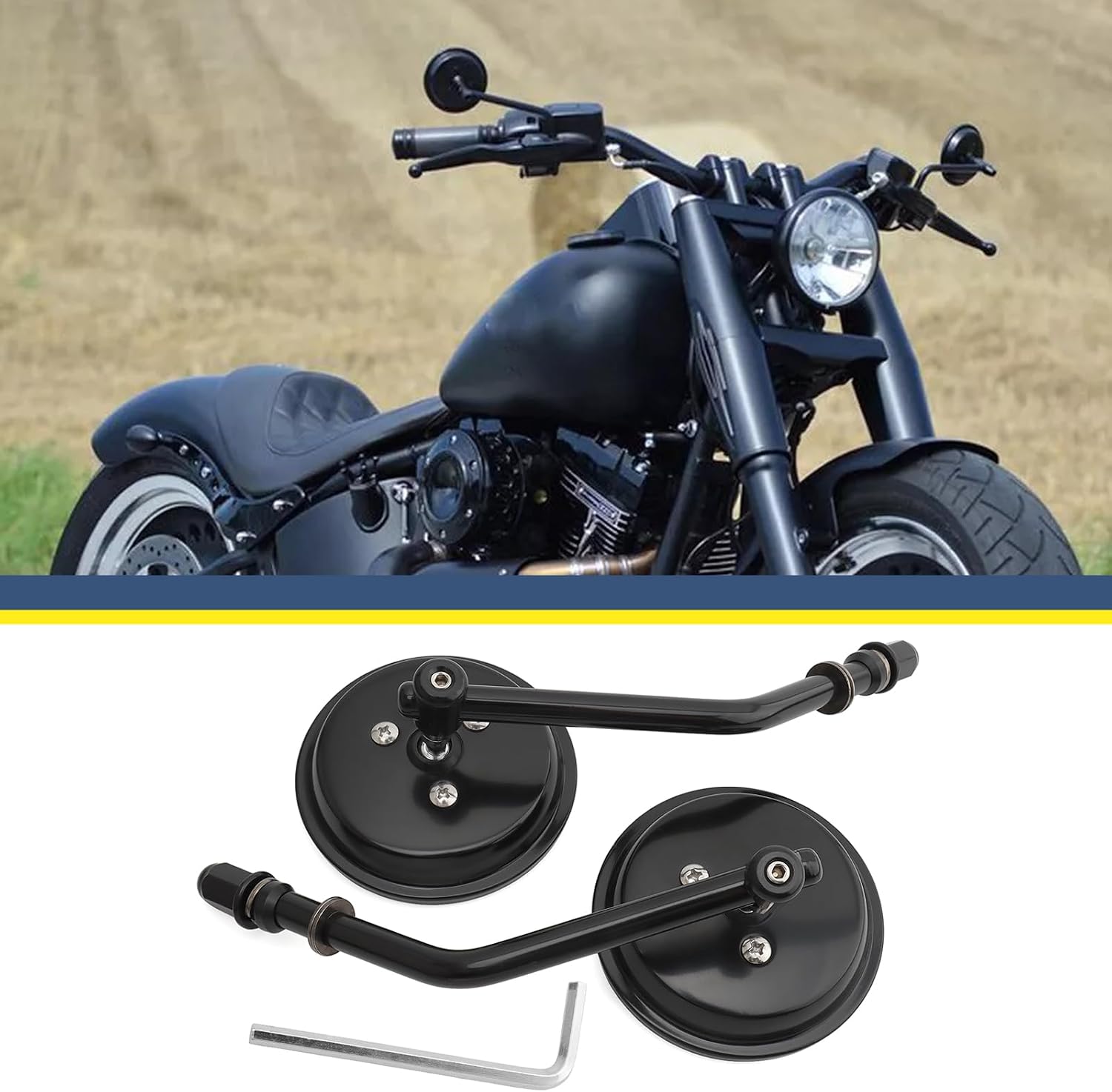 Motorcycle Mirrors 8mm Universal Round Rear View Side Mirrors Fit For Harley 1982-Later Sporster 883 1200 Low Rider S Softail Fat Bob Breakout 114 Touring Road King Street 500 XG500 750 Trike (Black)